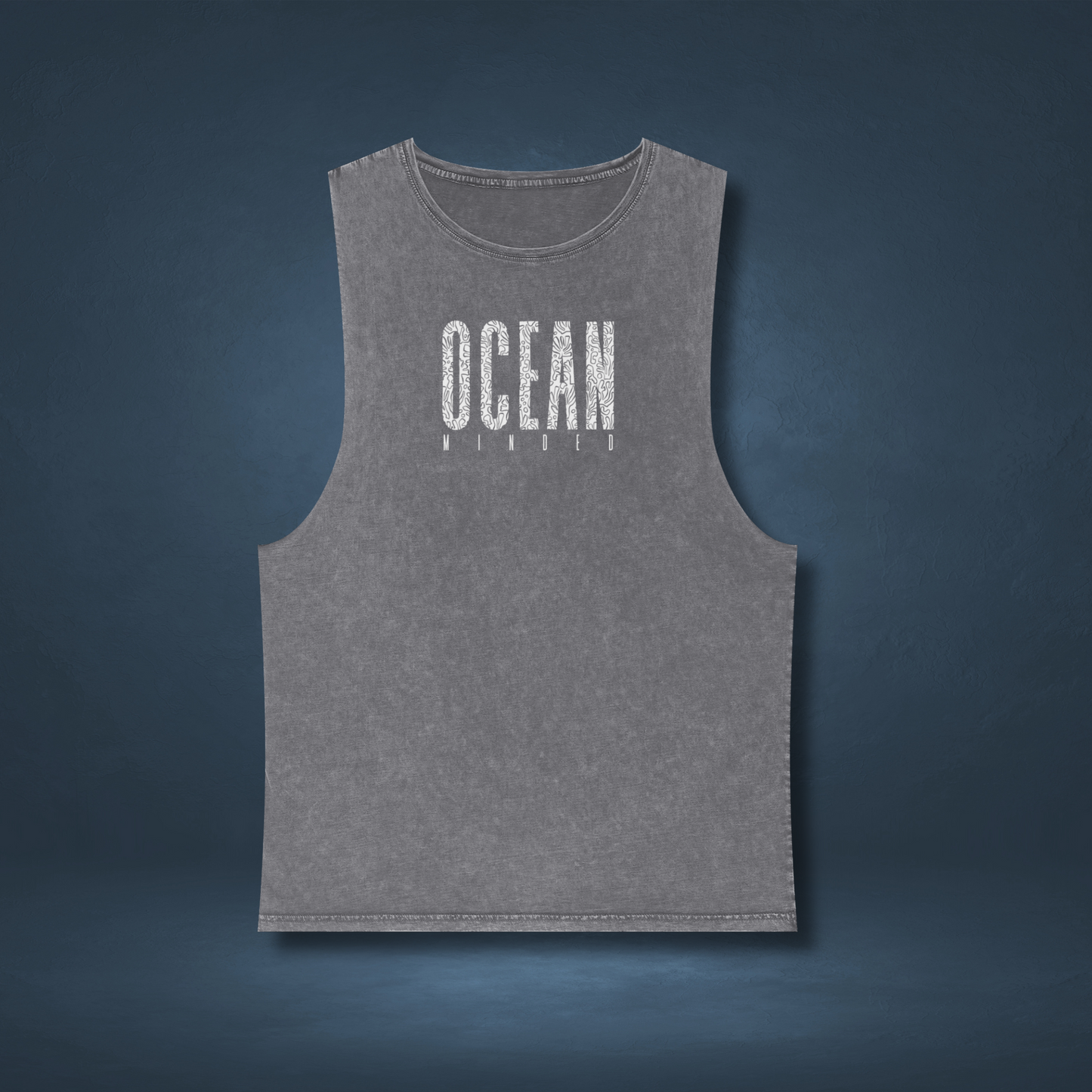 Grey distressed eco-friendly tank top made from sustainable cotton with ocean graphic