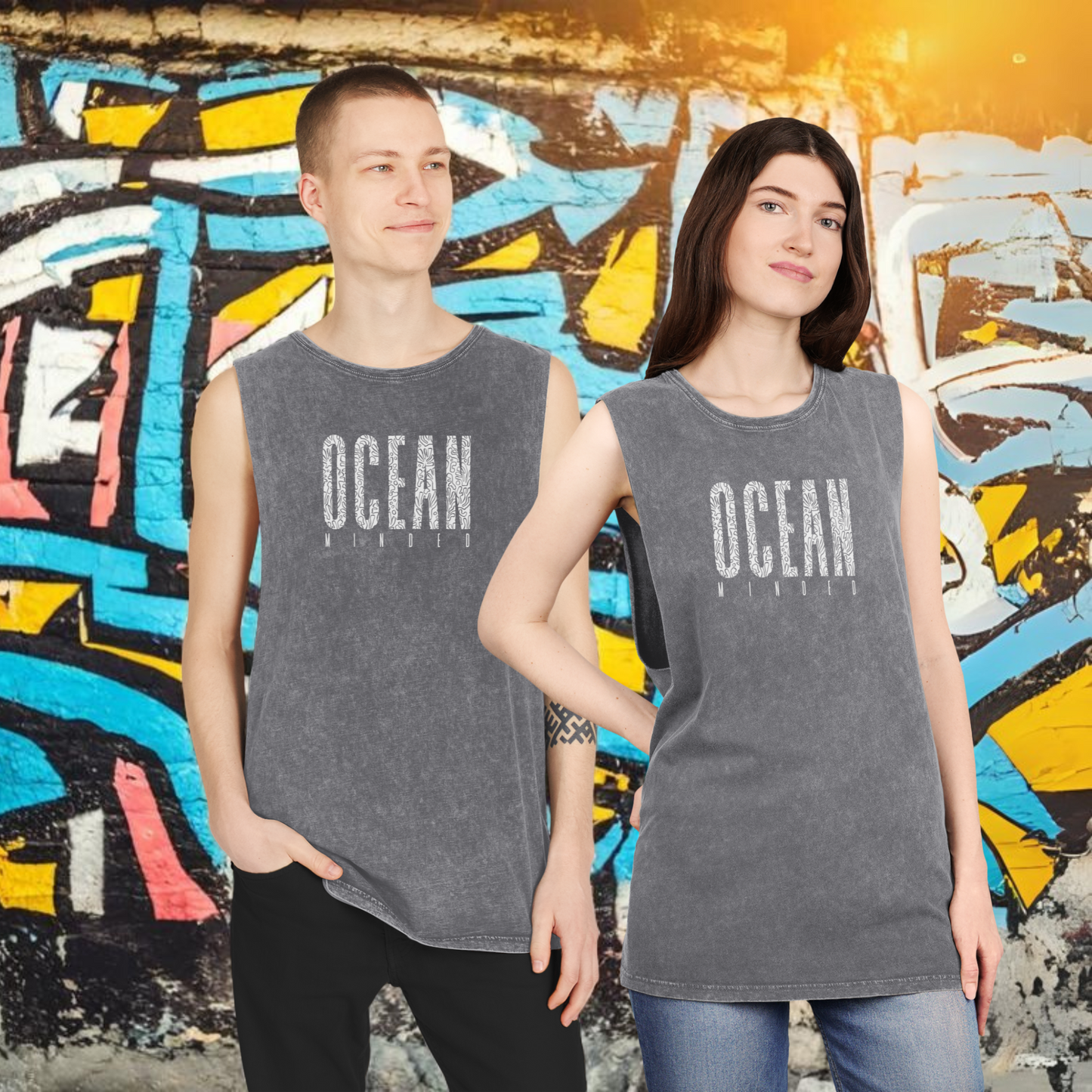 Grey distressed eco-friendly tank top made from sustainable cotton with ocean graphic