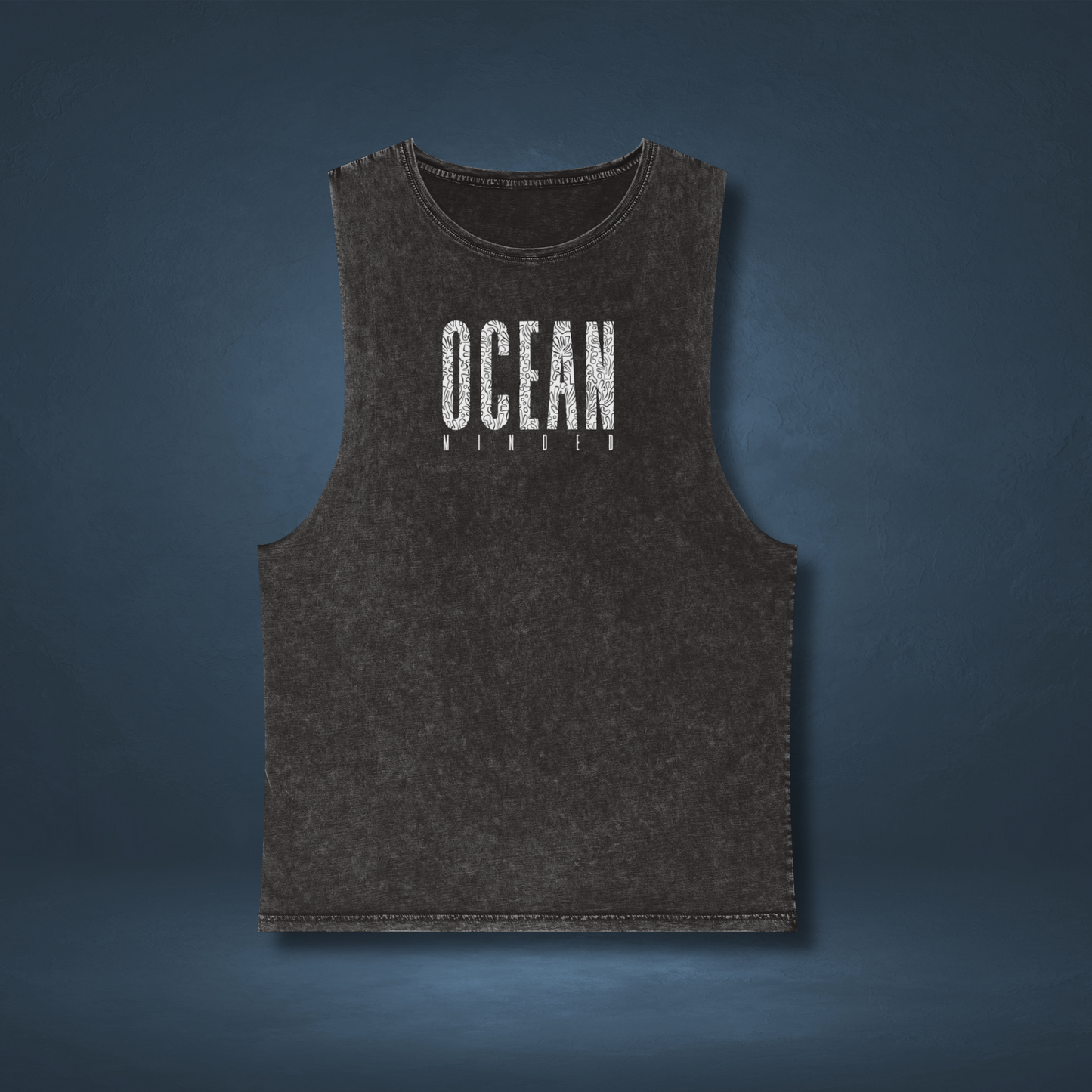 Black distressed eco-friendly tank top made from sustainable cotton with ocean graphic