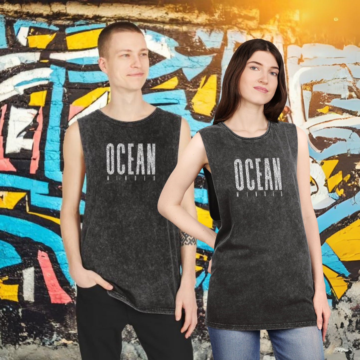 Black distressed eco-friendly tank top made from sustainable cotton with ocean graphic