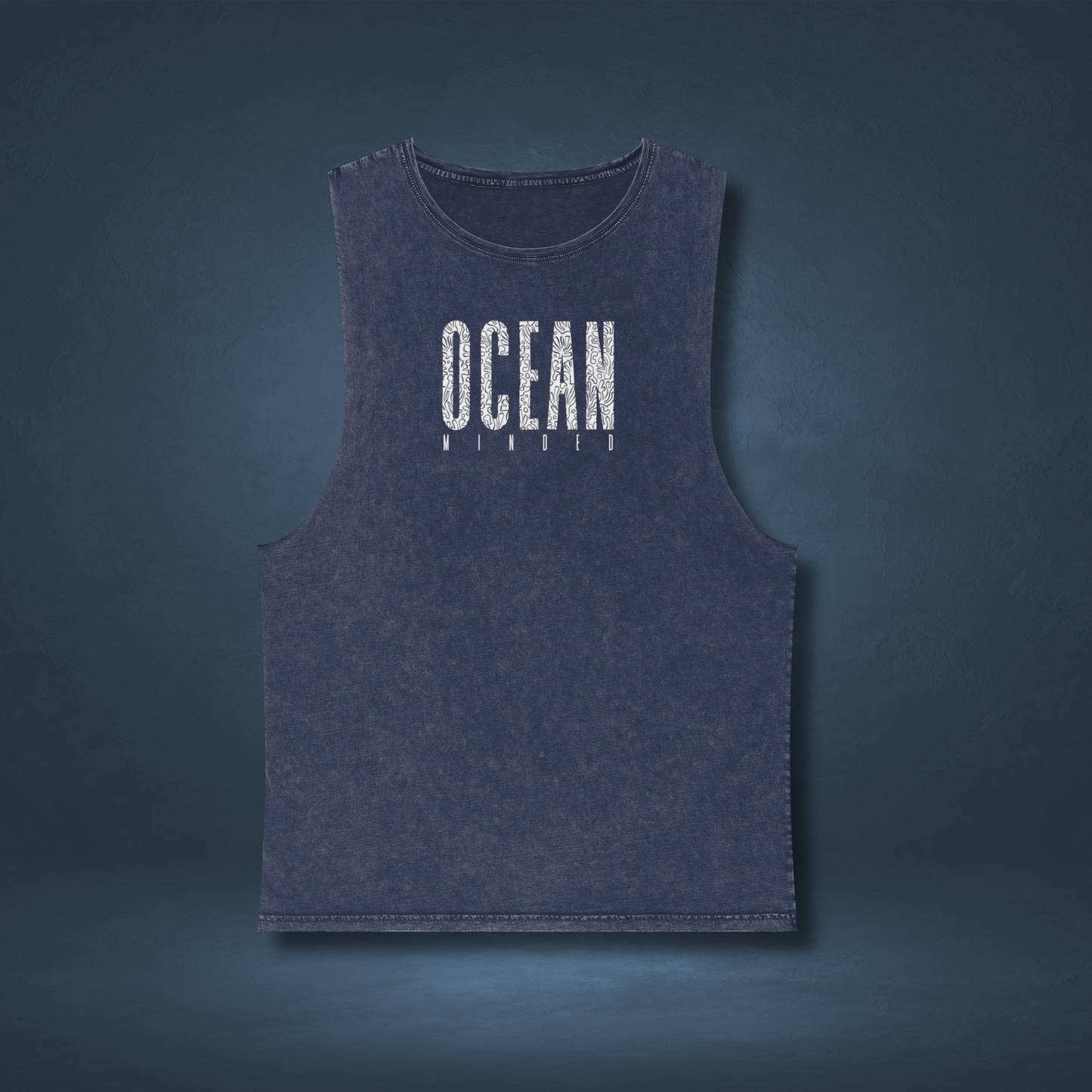 Blue distressed eco-friendly tank top made from sustainable cotton with ocean graphic