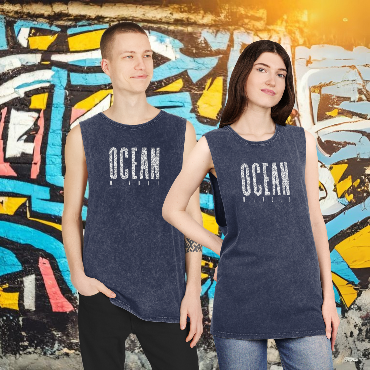 Blue distressed eco-friendly tank top made from sustainable cotton with ocean graphic