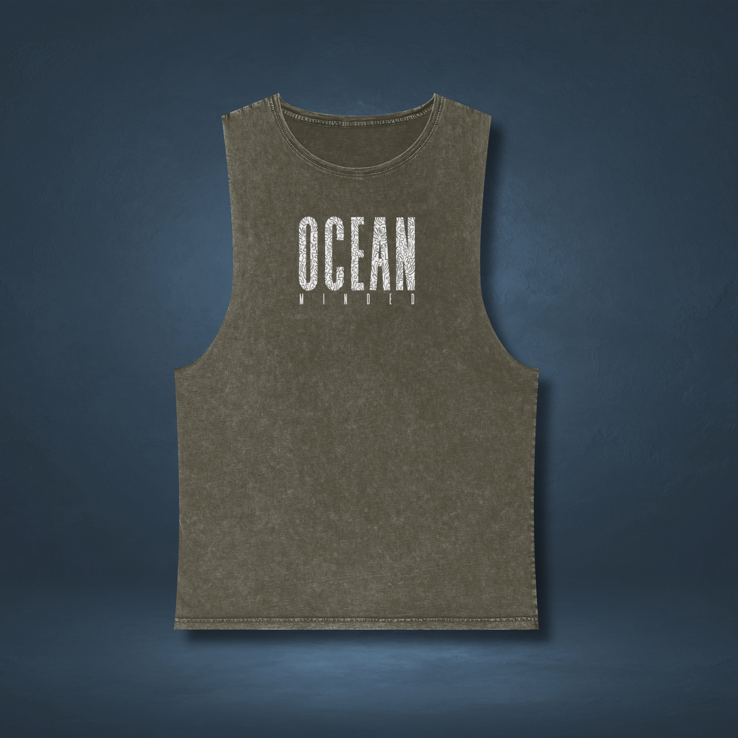 Green distressed eco-friendly tank top made from sustainable cotton with ocean graphic