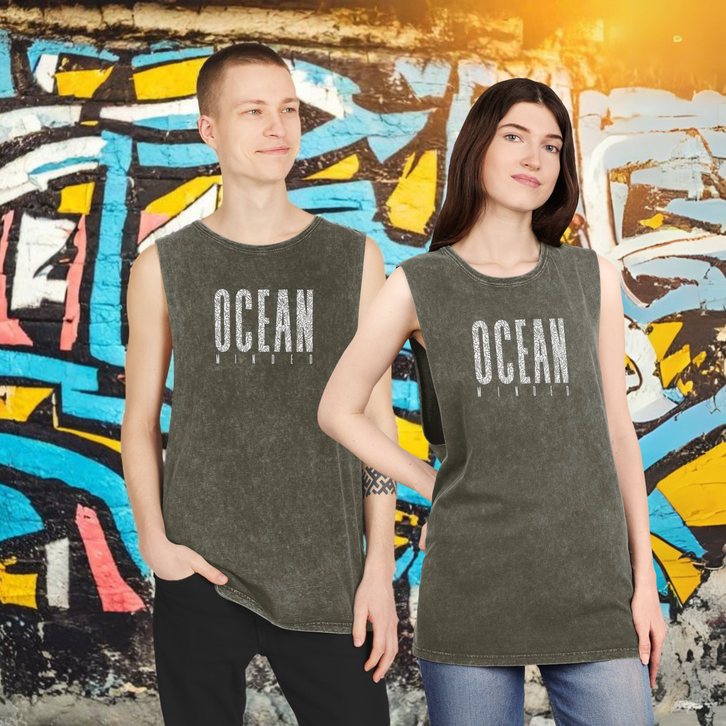 Green distressed eco-friendly tank top made from sustainable cotton with ocean graphic