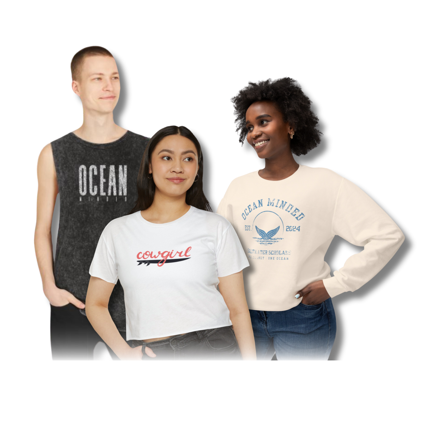 Ocean Minded Sustainable Apparel Collection with tanks, t-shirts, and sweatshirts