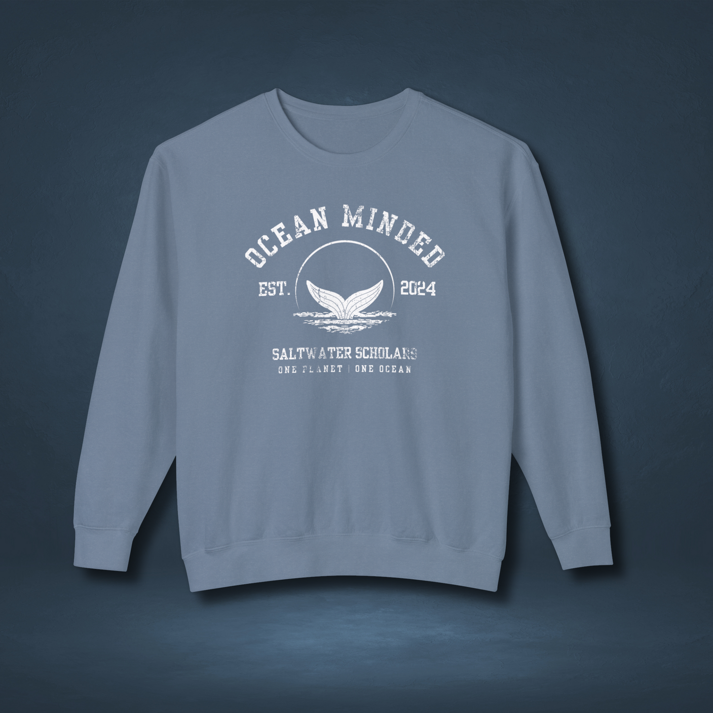 Blue eco-friendly crewneck sweatshirt made from sustainable cotton with ocean design