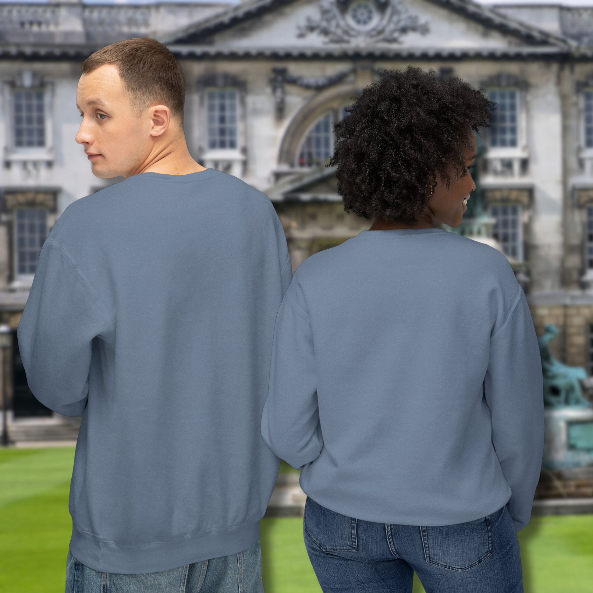 Blue eco-friendly crewneck sweatshirt made from sustainable cotton with ocean design