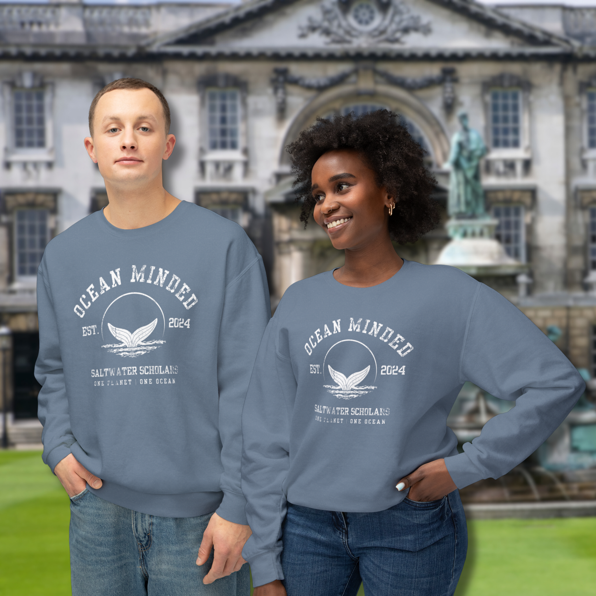 Blue eco-friendly crewneck sweatshirt made from sustainable cotton with ocean design