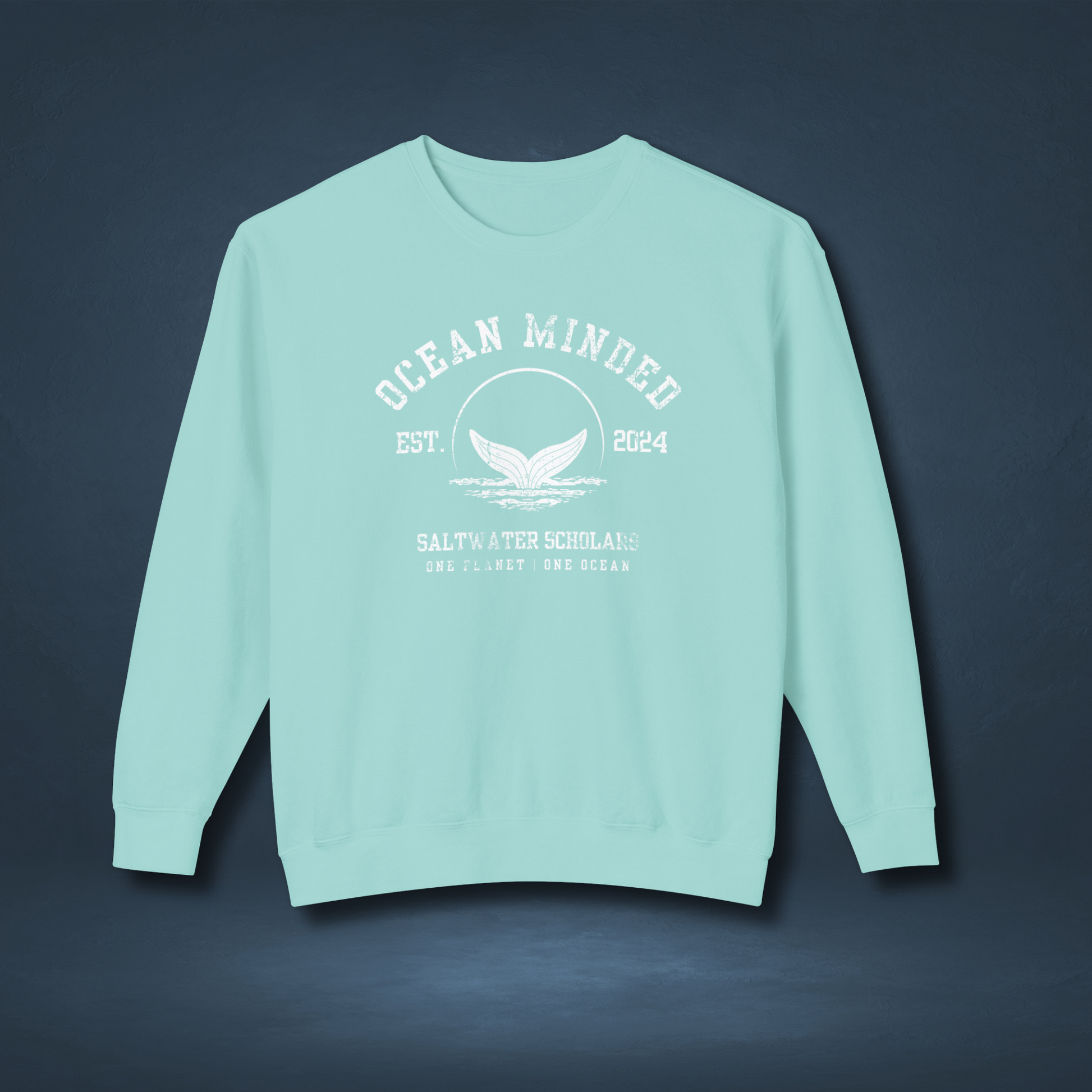 Mint eco-friendly crewneck sweatshirt made from sustainable cotton with ocean design