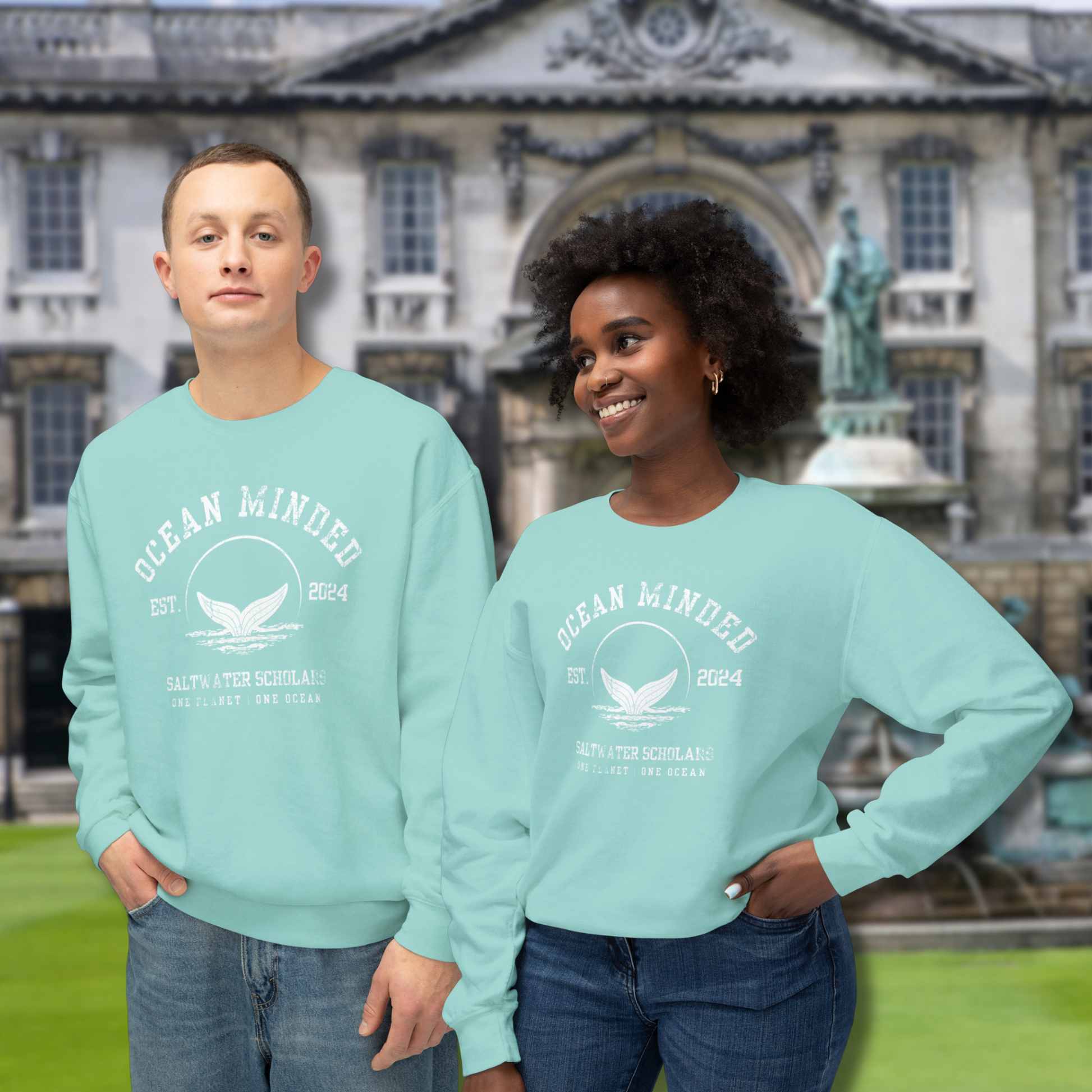 Mint eco-friendly crewneck sweatshirt made from sustainable cotton with ocean design