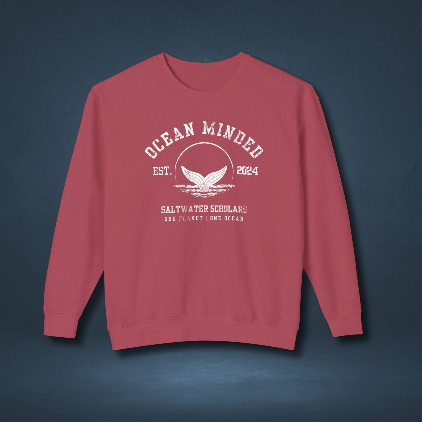 Red eco-friendly crewneck sweatshirt made from sustainable cotton with ocean design