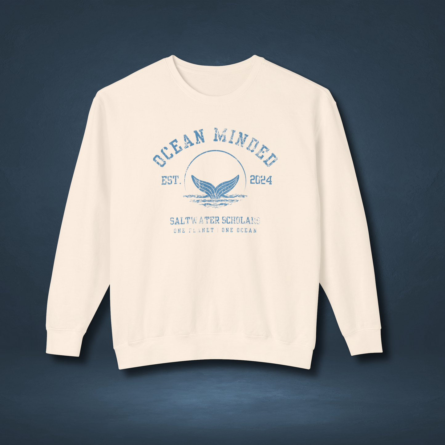 Off-white eco-friendly crewneck sweatshirt made from sustainable cotton with ocean design