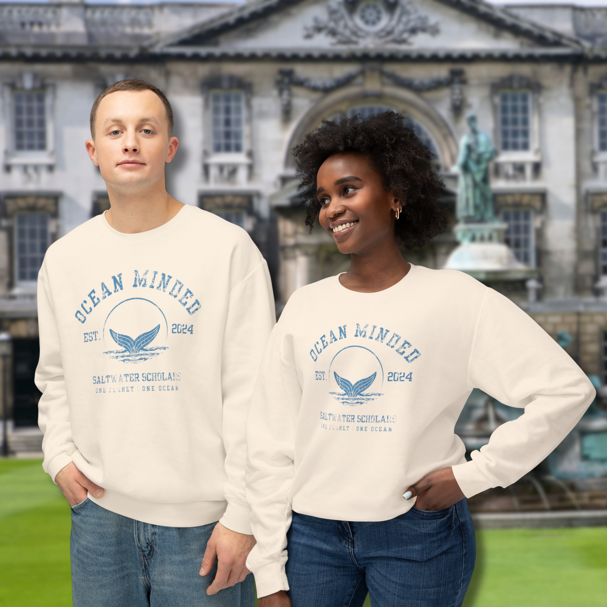 Off-white eco-friendly crewneck sweatshirt made from sustainable cotton with ocean design