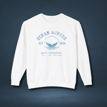 White eco-friendly crewneck sweatshirt made from sustainable cotton with ocean design