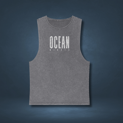Grey distressed eco-friendly tank top made from sustainable cotton with ocean graphic