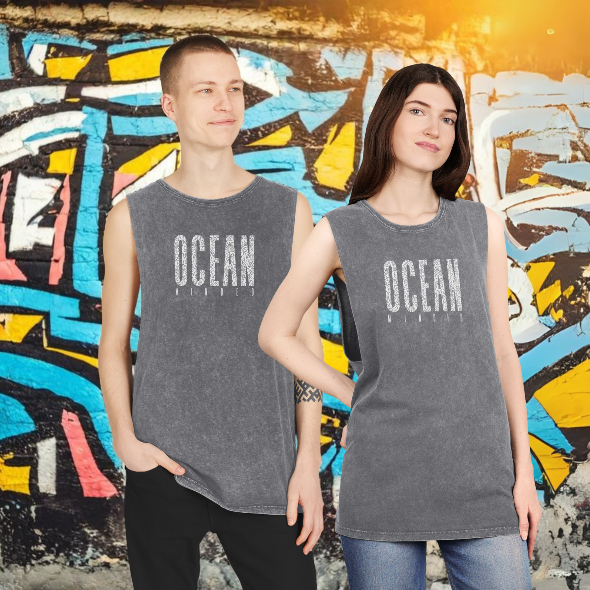 Grey distressed eco-friendly tank top made from sustainable cotton with ocean graphic