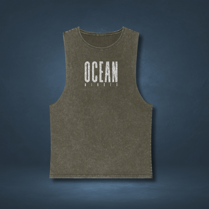 Green distressed eco-friendly tank top made from sustainable cotton with ocean graphic