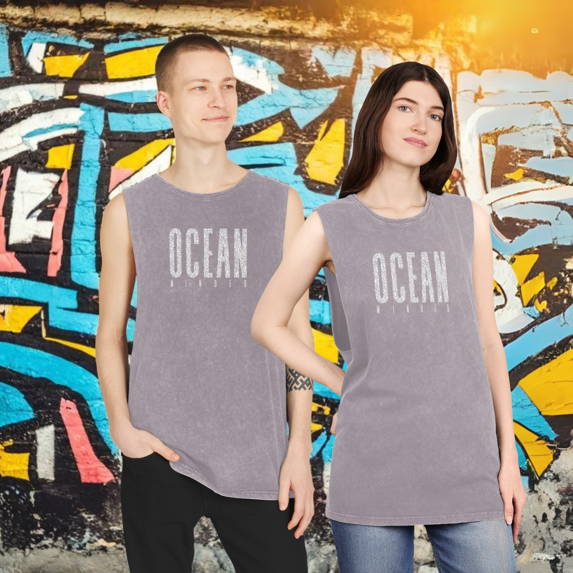 Purple distressed eco-friendly tank top made from sustainable cotton with ocean graphic